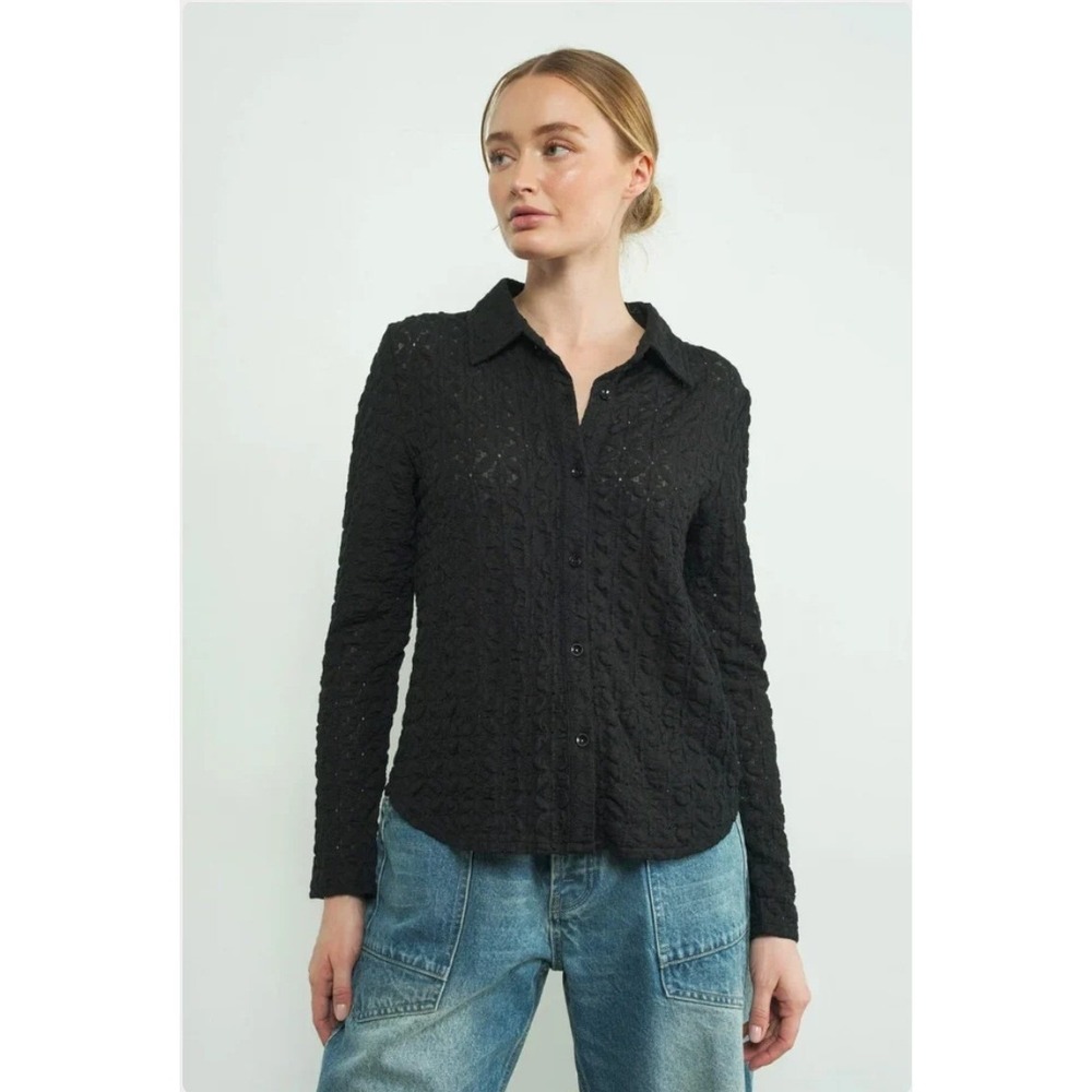 Black Floral Lace Button Front‎ Collared Long Sleeve Top L Goth Witcy Wimsigoth